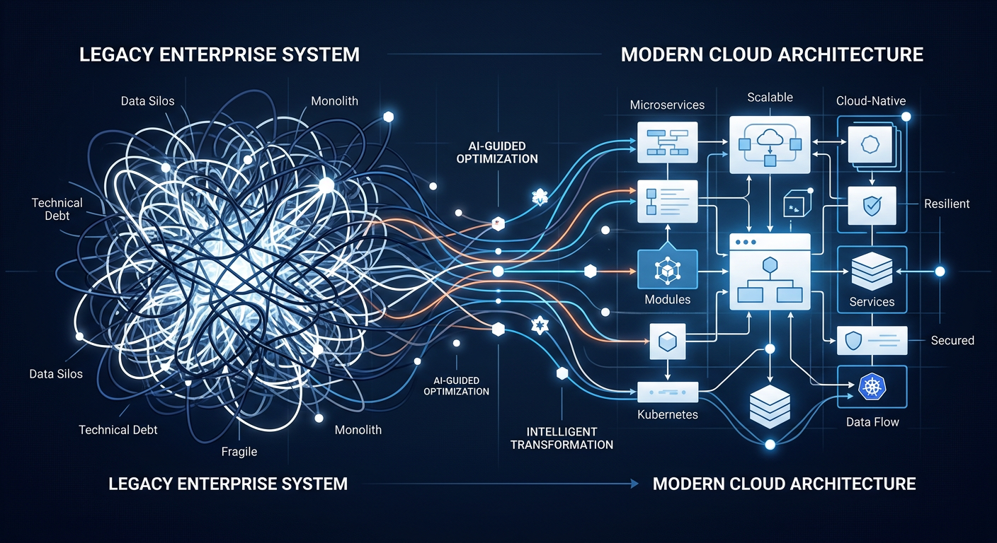 An abstract diagram showing how Agentic AI supports the modernization of a complex legacy enterprise application into a clean, AI-ready cloud architecture.