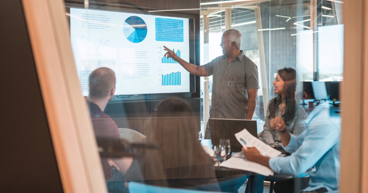 A team collaborating in a modern office meeting
